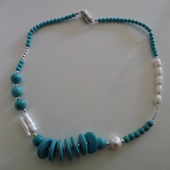 ITALIAN DESIGNER BAROQUE PEARL SILVER AND TURQUOISE NECKLACE 16 INH LONG NEW - Picture 1 of 4